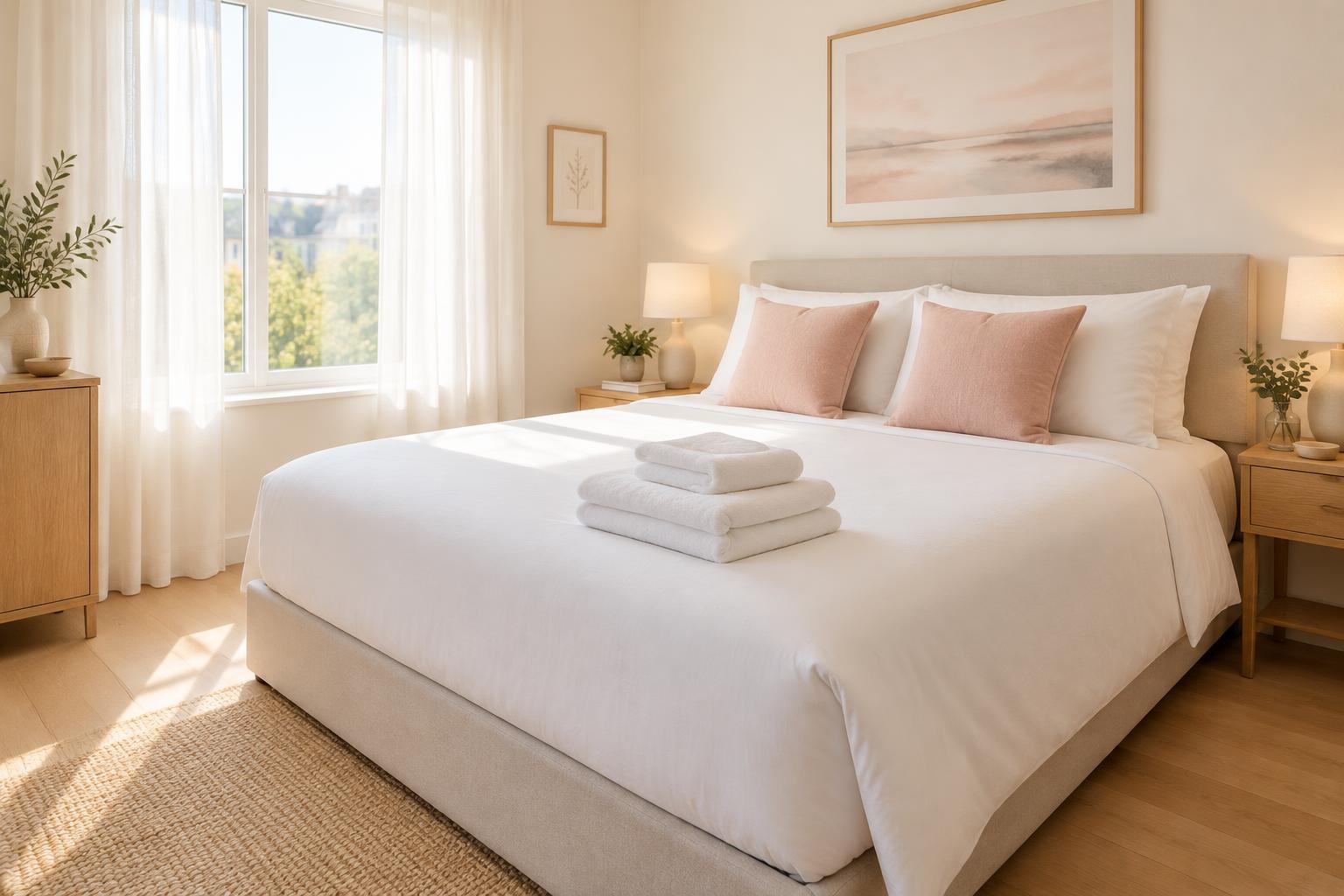A guest bed made with crisp white linens and stacked white towels, ready for check-in.
