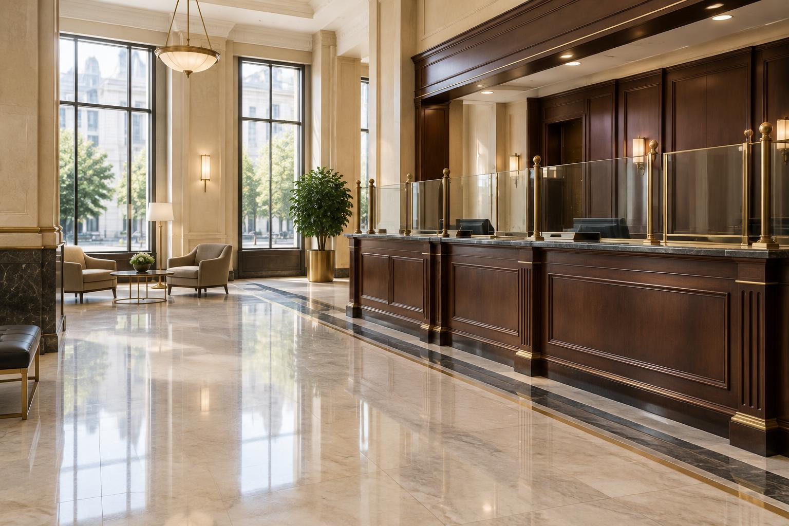 A bank lobby with polished marble floors and a dark wood counter.
