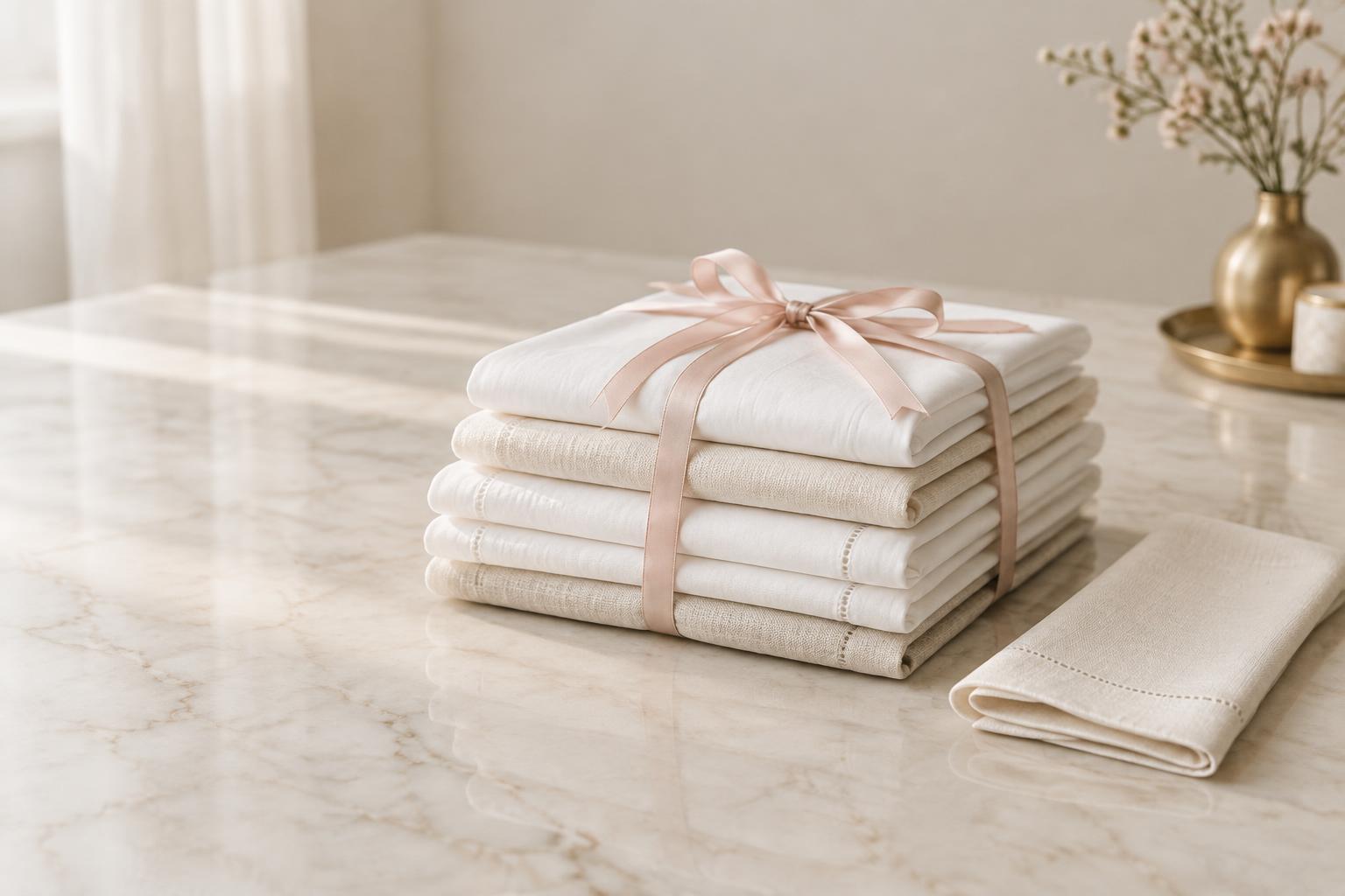 A neat stack of folded cream linens tied with a pale pink ribbon on pale marble.