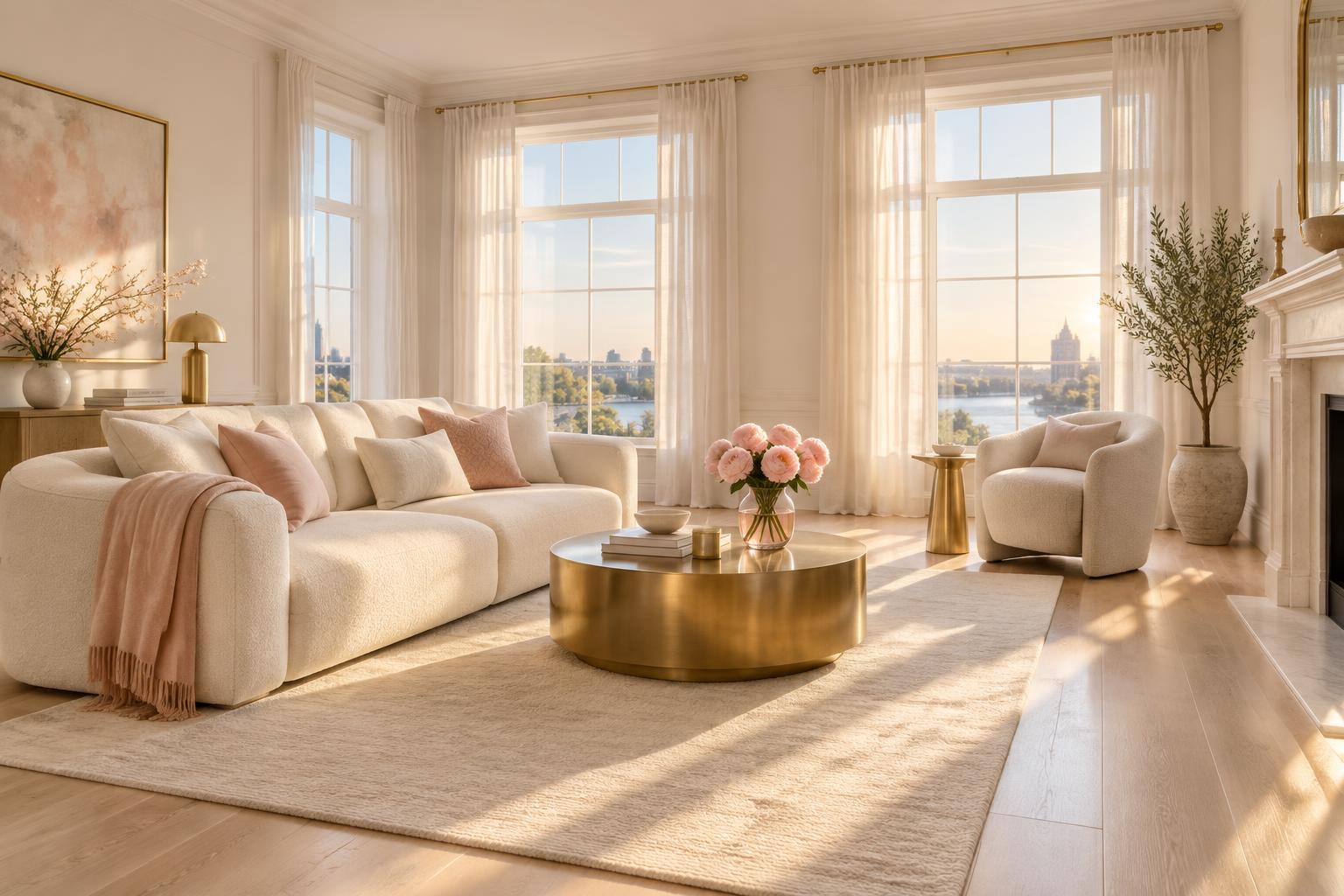 A sunlit living room with cream sofas, a gold coffee table and pale floors, freshly cleaned.