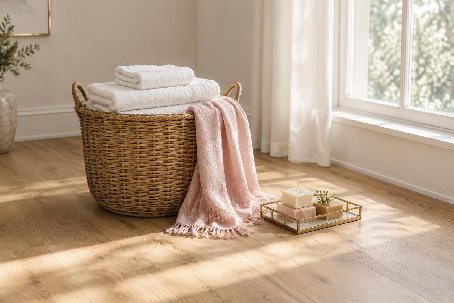 A woven basket of crisply folded white towels with a blush throw, beside a brass tray of soap by a bright window.