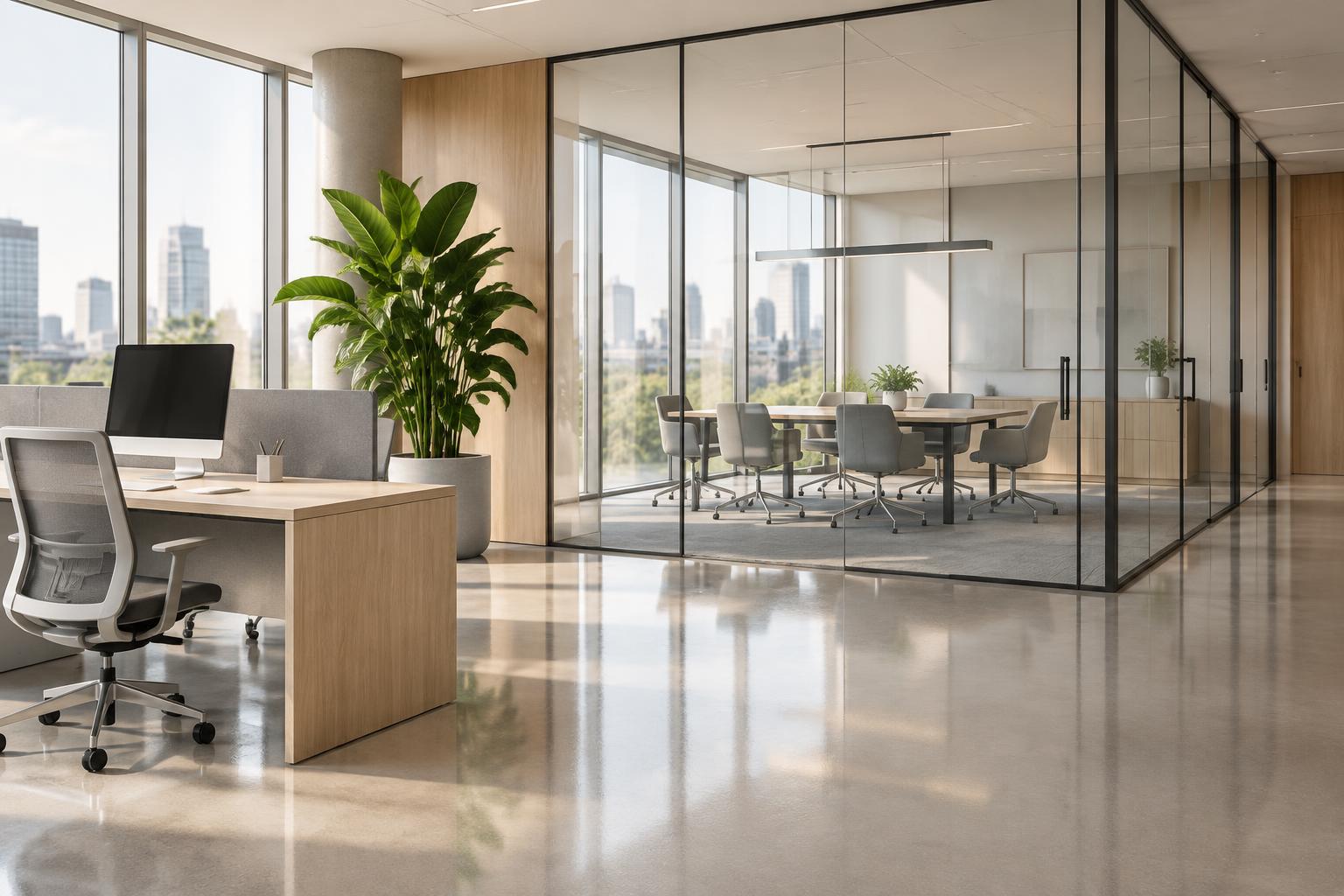 A clean modern office with clear desks, glass walls and a spotless floor.